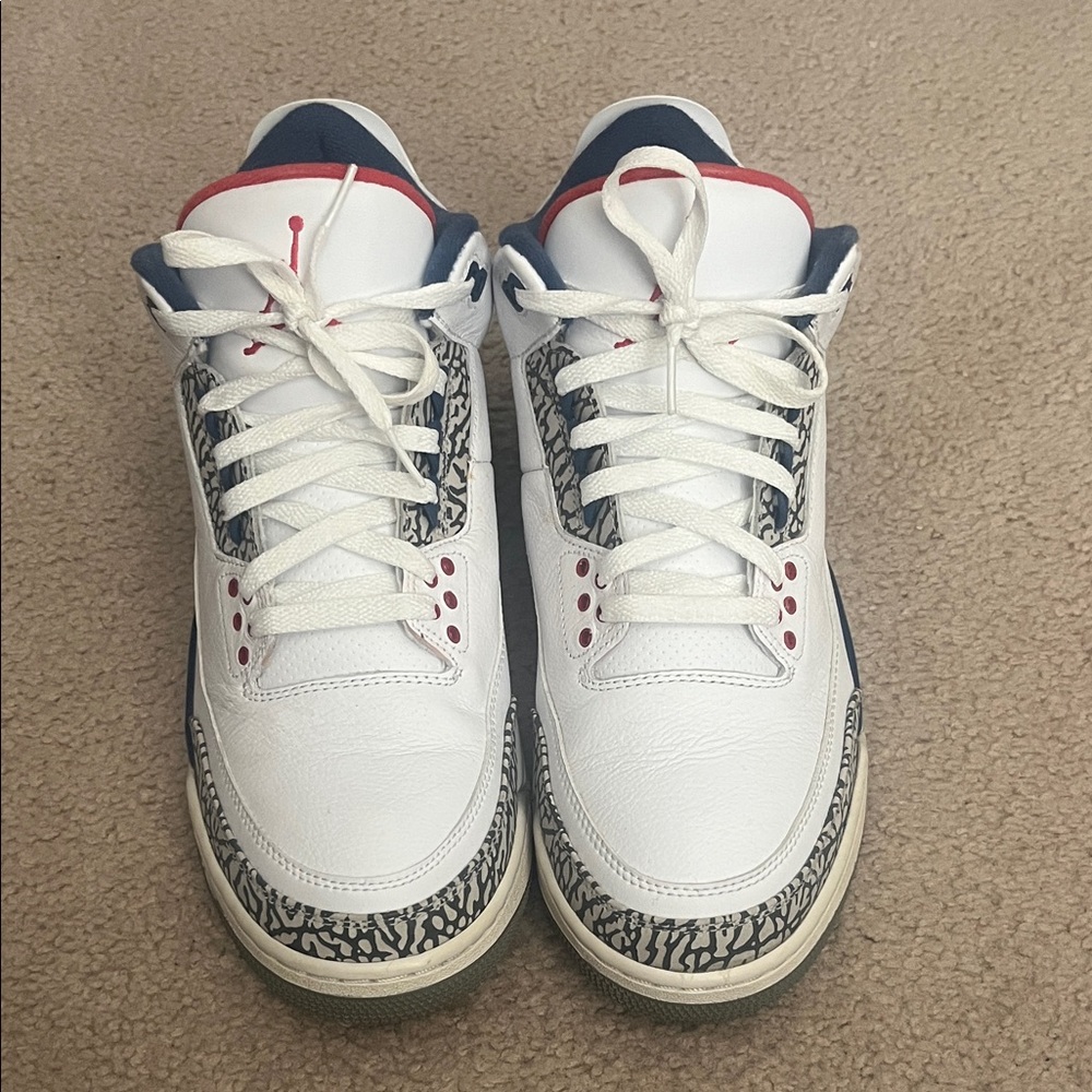 White cement 3 true blue           White and Blue Sneakers with Red Accents